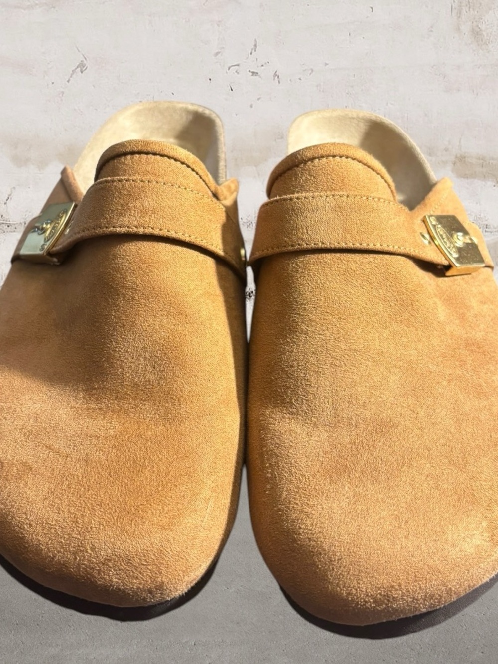 Dr. Scholl's Suede Mule Clogs in Camel with Gold Buckles